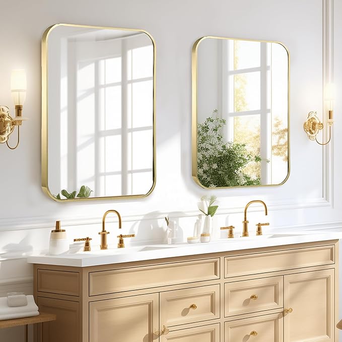 24"x30" Brushed Bright Gold Metal Framed Rounded Rectangle Mirror, Gold Wall Mounted Mirrors for Bathroom Entryway Vanity Living Room Bedroom, Vertical or Horizontal
