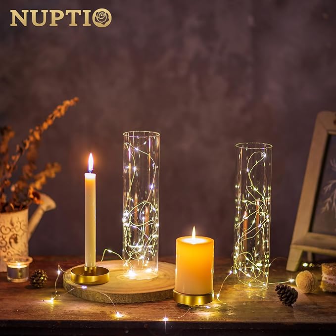 NUPTIO Hurricane Glass Candlestick Holders: 10 Set Bulk Gold Taper Candle Holder Metal Candle Stick Stand with 11.81 inch Tall Windproof Clear Seelves for Outdoor & Indoor Wedding Party Holiday Decor