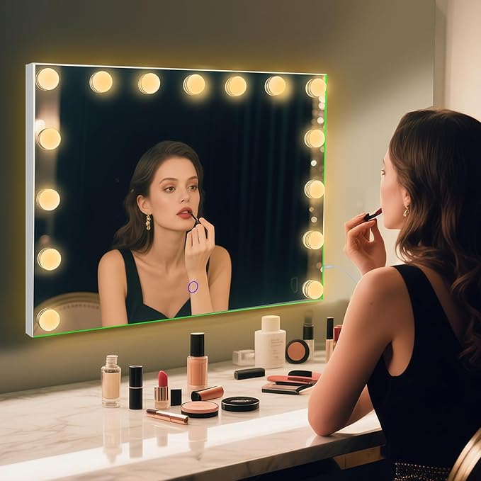 Hollywood Vanity Mirror with Lights, 23"x18" Lighted Makeup Mirror for Desk/Wall Mount with 15 Led Bulbs, 3 Lighting Modes for College Dorm, Bedroom & Dressing Room (White)