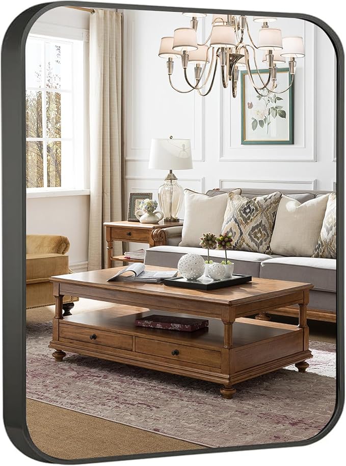 Black Bathroom Mirror for Wall, 30x36 Inch Brushed Matte Black Metal Framed Rectangle Wall Mirror for Bathroom Vanity, Living Room, Bedroom, Farmhouse, Hangs Vertically or Horizontally