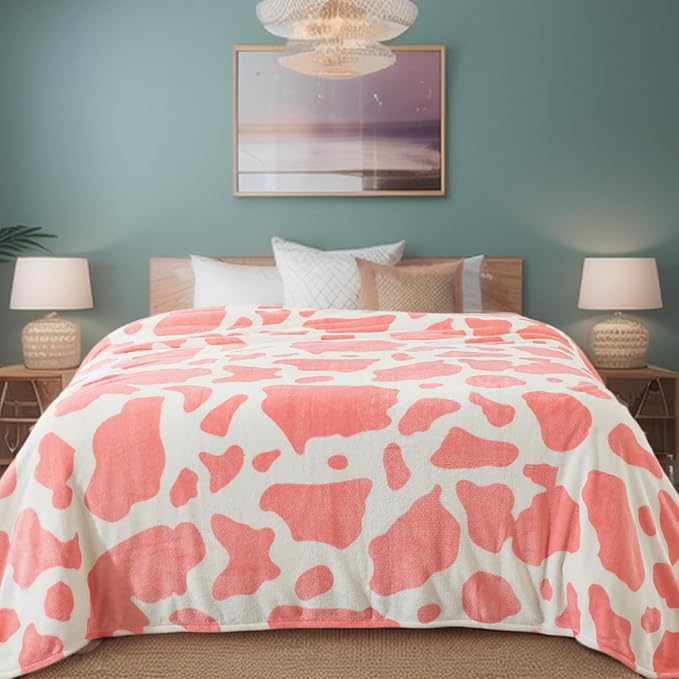 Fleece Cow Print Blanket for All Season - Premium Lightweight Anti-Static Pink and Ivory Twin/Twin XL Size Extra Long Blankets,Bedroom Decor 66" x 90"(Pink Cow)