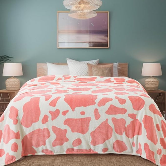 Fleece Cow Print Blanket for All Season - Premium Lightweight Anti-Static Pink and Ivory King Size Blankets Plush Gift for Daughter Mom, Bedroom Decor 90" x 108"(Pink Cow)