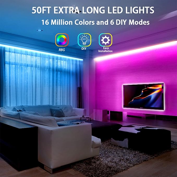 dalattin Led Lights for Bedroom 50ft, RGB 5050 Led Strip Lights Color Changing Kit with 44 Keys Remote Controller and 12V Power Supply Led Light Strips Indoor Decoration