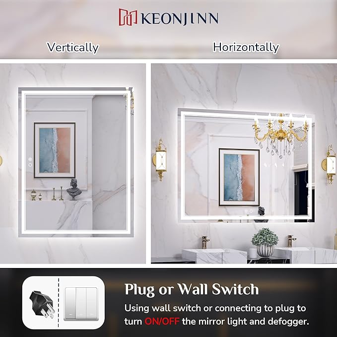 Keonjinn 48 x 40 Inch LED Bathroom Mirror with Lights, Large Wall Mounted Vanity Mirror, UL Listed LED Driver, HD Tempered Glass, Easy Installation, Anti-Fog, Memory Dimmable 6000K, CRI 90+
