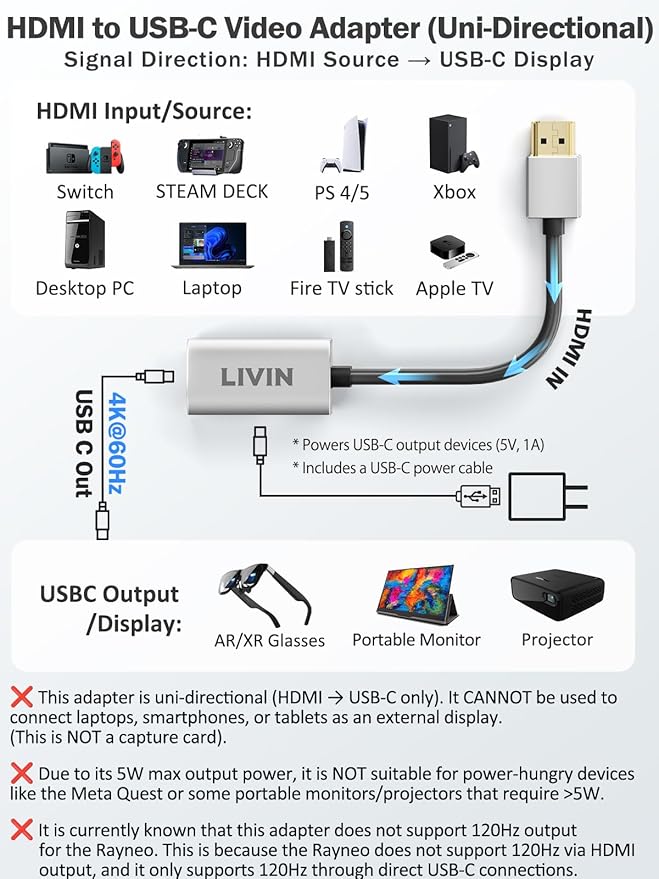 HDMI to USB C Adapter (4K@60Hz) Portable Monitor, AR Glasses XREAL One Air 2 Pro/VITURE Luma/RayNeo Air 3s/Rokid,HDMI Male(Source) to USB C Female(Display) Laptop,PS4/5,Xbox,Switch,ROG Ally,Steam Deck