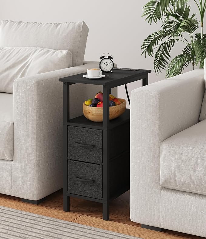 2 Set Narrow Side Table for Small Spaces, Skinny End Table with Charging Station, Sofa Beside Table with 2 Fabric Drawers and 1 Open Compartment, Slim Nightstand with USB Ports Outlet, Black UTBT004B