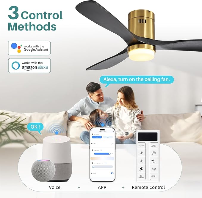 Sofucor 52 Inch Smart Ceiling Fans with Lights-Flush Mount Low Profile Modern Outdoor Solid Wood Ceiling Fans with Alexa/Google Assistant/APP/Remote Control for Bedroom/Farmhouse/Patio, Black Gold