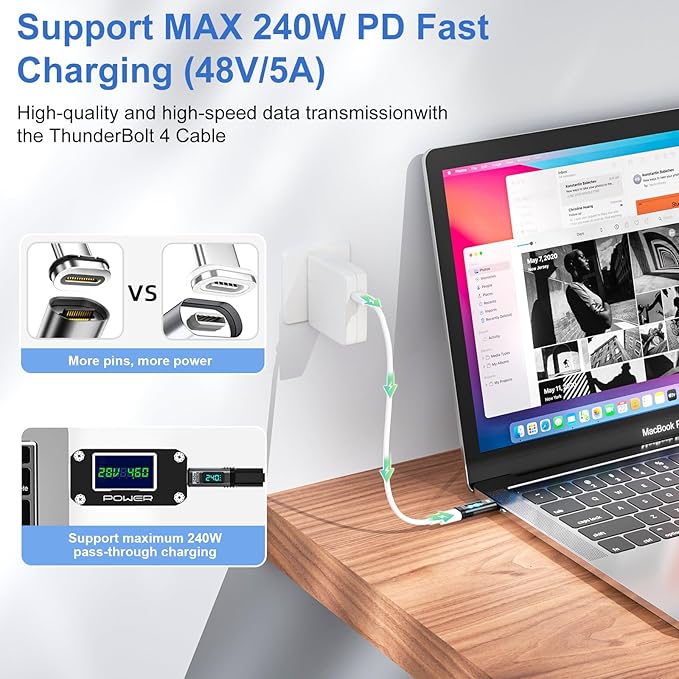 Digital Display USB C Magnetic Adapter PD240W 24Pin(2 Pack) with Voltage Current Power LED Display, Type C Power Meter Tester Straight USBC 4 40Gbps 8K 60Hz for Thunderbolt 3/4, MacBook Pro/Air