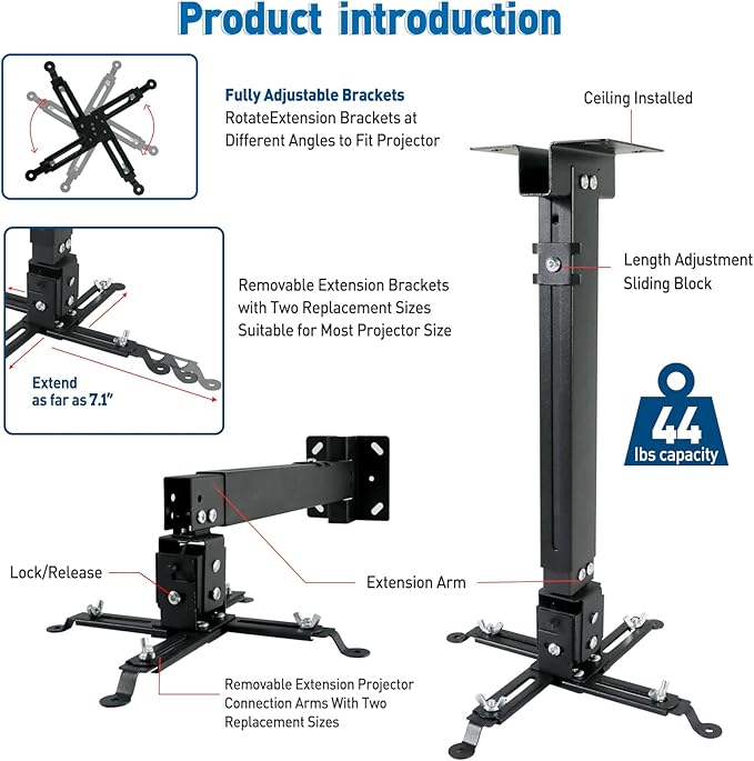 Projector Ceiling Wall Mount Adjustable Height from 11 to 13.7 Inches Bracket with Extendable Arms Low Profile Holder Hanger for Home Office Compatible with Epson Optoma Benq (Black)