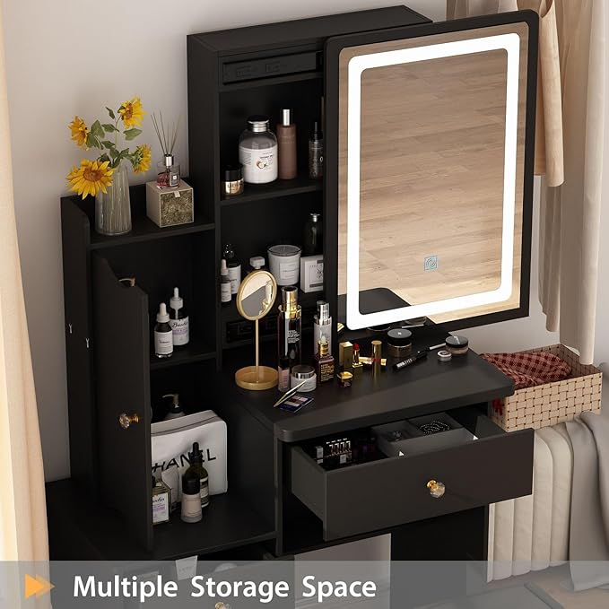 FAMAPY Vanity Mirror with Lights Desk and Chair, Vanity Desk with Sliding Lighted Mirror, Makeup Vanity with Lights, Drawers & Crystal Handles, Cushion Stool, Black
