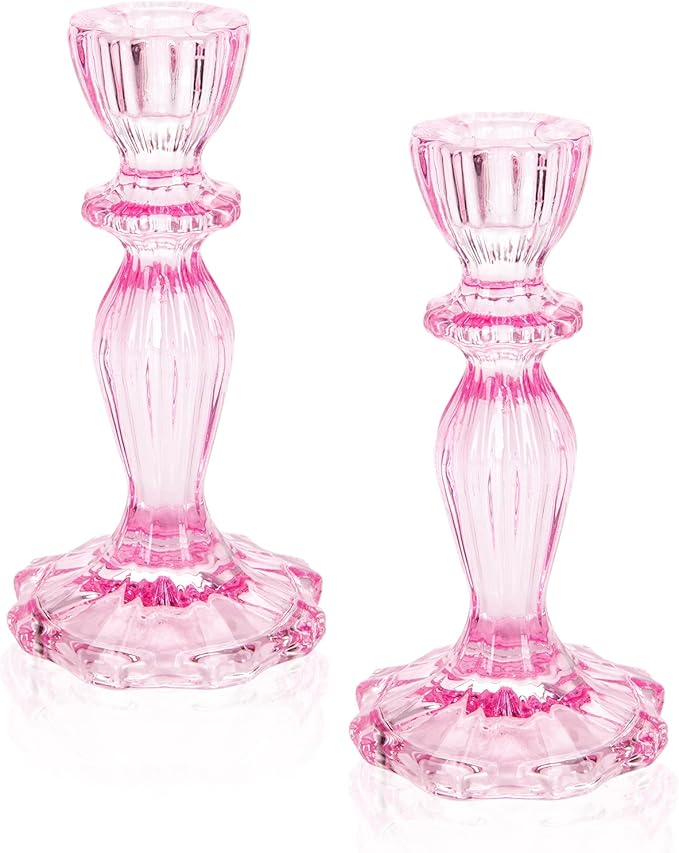 Glass Candle Holders, 2PCS Decorative Candle Stand Wide Base Candlestick Holder Table Centerpiece Decor for Wedding Festival Party Windowsill, Pink