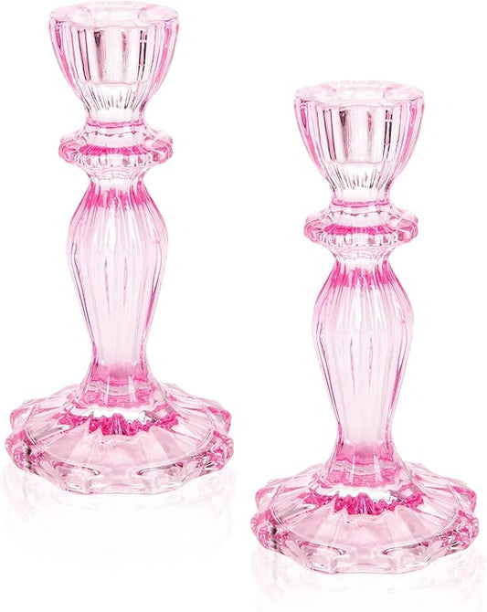 Glass Candle Holders, 2PCS Decorative Candle Stand Wide Base Candlestick Holder Table Centerpiece Decor for Wedding Festival Party Windowsill, Pink