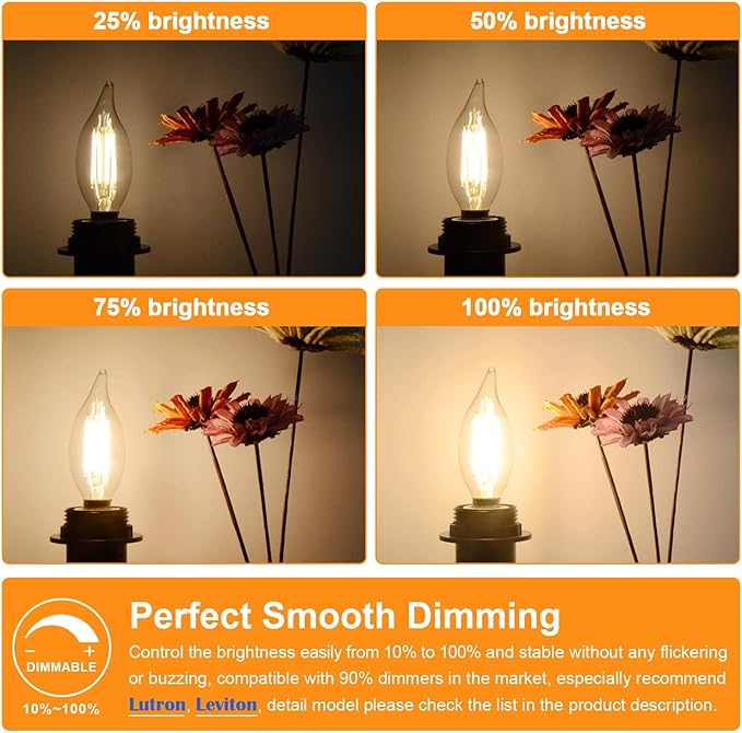 TOBUSA Dimmable E12 Candelabra LED Bulbs 60 Watt Incandescent Equivalent, 2700K Warm White, Clear LED Chandelier Light Bulbs 6W, 600lm, CA11 Vintage Ceiling Fan Light Bulbs with Flame Tip, 6-Pack