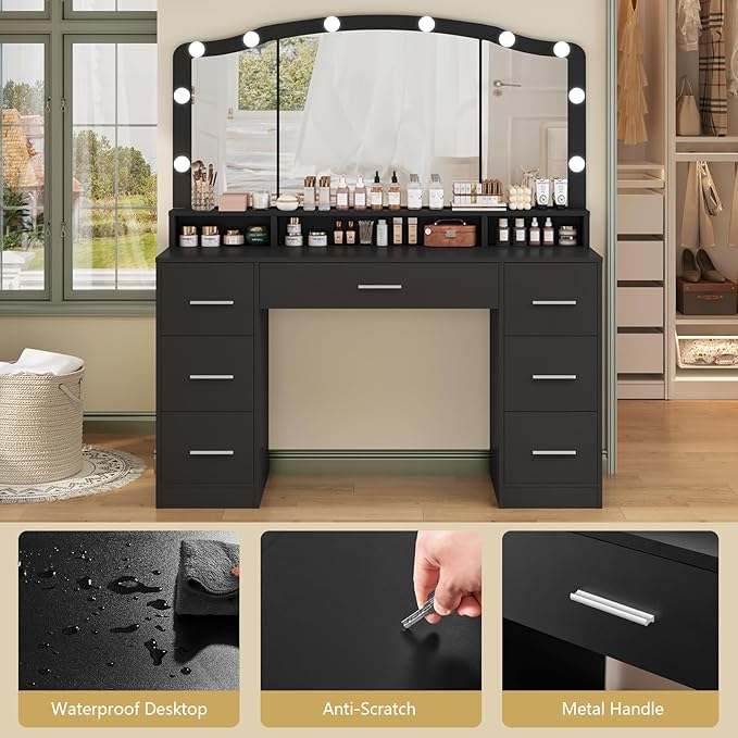 usikey 43.3" Vanity Desk with Large Lighted Mirror, Makeup Vanity Table with 7 Drawers & 10 Lights Bulbs, 3 Lighting Colors, Make Vanity Desk, Vanity Table for Women Girls, Black