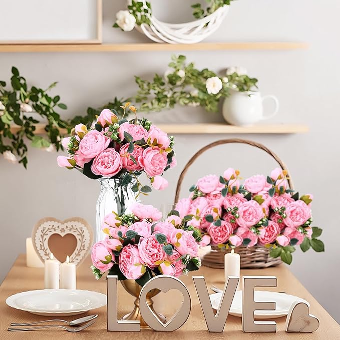 Hoteam 24 Bundles Artificial Peonies Flowers Wedding Faux Flowers Silk Peony Bouquet Bulk Bride Fake Florals Arrangements for Table Centerpieces Wedding Party Vase Decor (Light Pink)