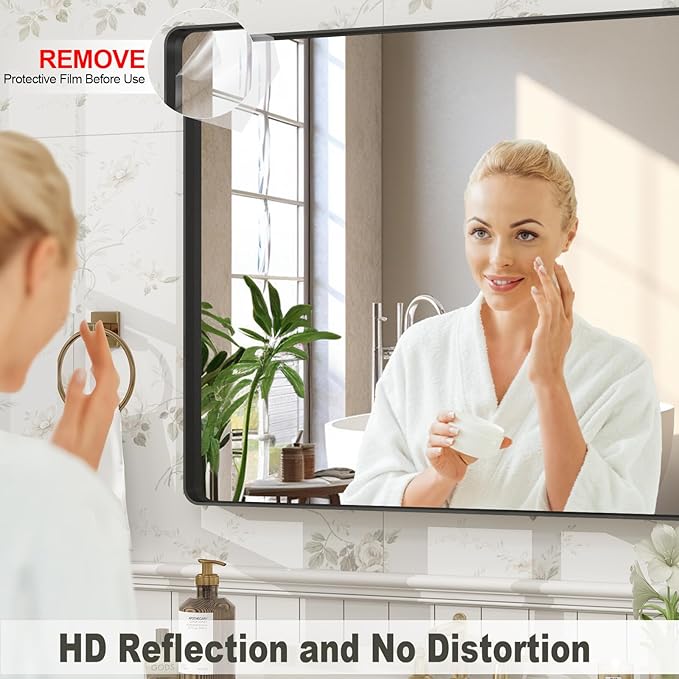 48x32 Inch Black Framed Bathroom Mirror for Wall, Matte Metal Framed Wall Mirror, Rounded Corner Rectangle Bathroom Vanity Mirror, Anti-Rust, Shatterproof (Horizontal/Vertical)