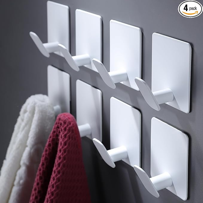 DELITON Adhesive Hooks for Hanging, 8 Pack White Wall/Towel Hooks for Bedroom Kitchen No Drill, Heavy Duty Sticky Shower Hook for Robes Coats Waterproof Stainless Steel