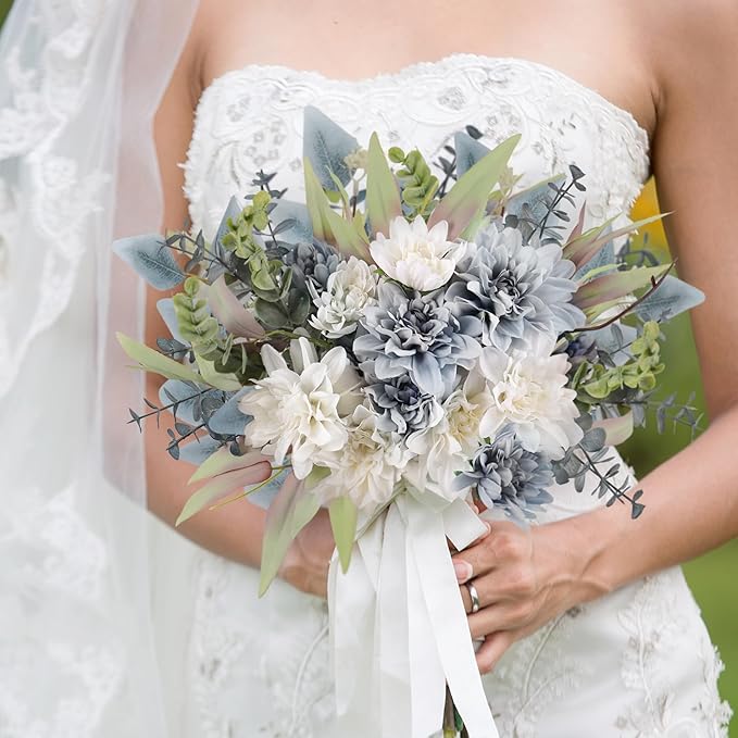 Fake Artificial Flowers Bouquet for Decoration, Silk Floral Arrangements Faux Flowers Plant Wedding Bride Bouquets Tables Centerpieces for Rustic Home Decor Indoor Vase Floral Table Decor (Blue White)