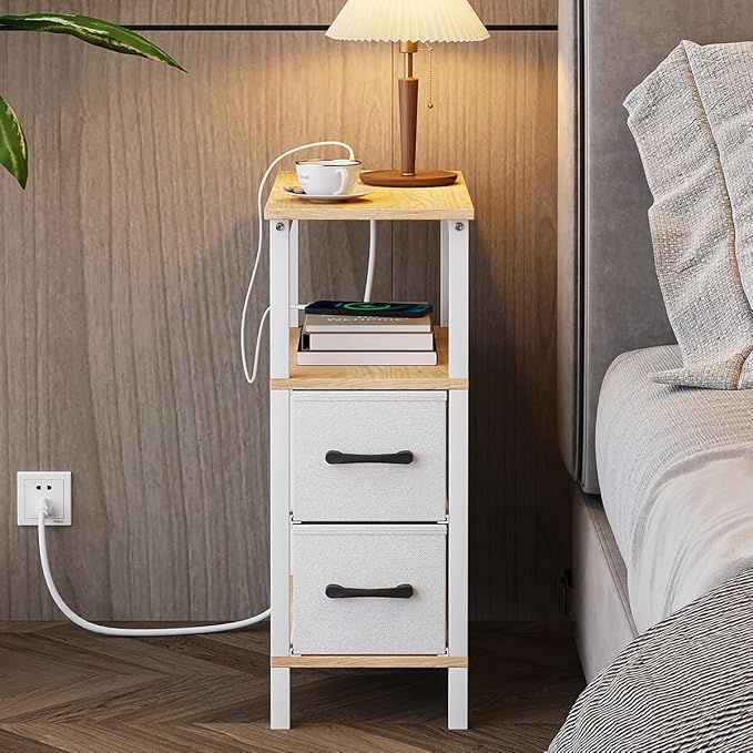 Narrow Side Table for Small Spaces, Skinny End Table with Charging Station, Sofa Beside Table with 2 Fabric Drawers and 1 Open Compartment, Slim Nightstand with USB Ports Outlet, White and Nature Wood