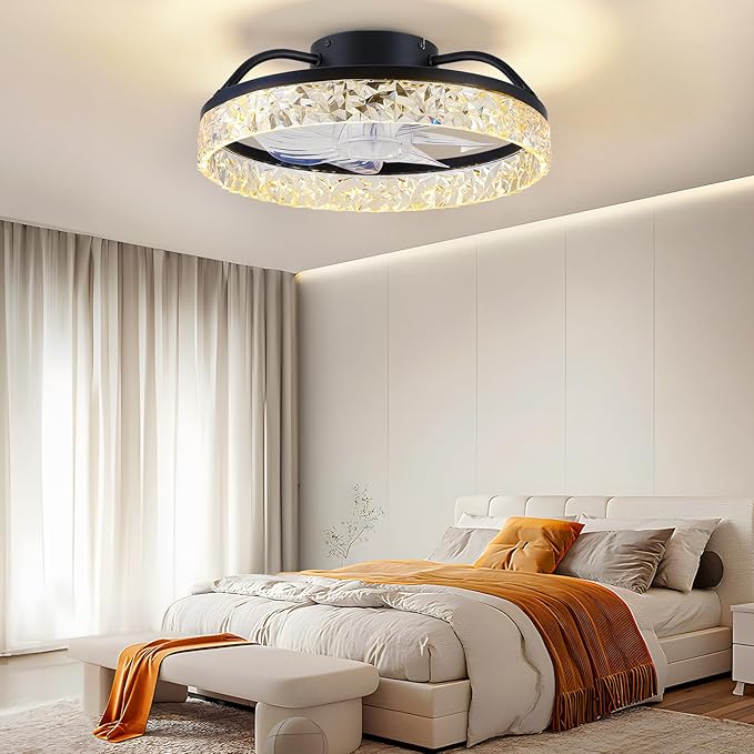 Ceiling Fans with Lights and Remote/APP Control, Modern Dimmable Low Profile Ceiling Fan, Flush Mount Bladeless Ceiling Fan, 16" Memory Function Forward Reverse and 6 Speeds - Black