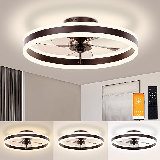 VOLISUN Low Profile Ceiling Fans with Lights and Remote, 19.7in Flush Mount Ceiling Fans with Light, 3000K-6500K Dimmable Fandelier LED Fan Light, Brown Bladeless Ceiling Fans with Lights for Bedroom