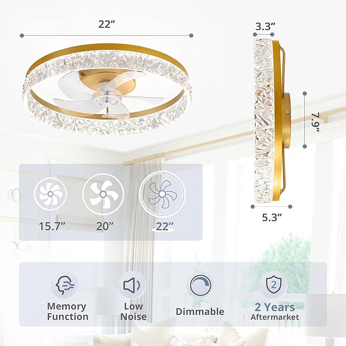 LEDIARY 22" Modern Ceiling Fans with Lights and Remote, Dimmable Low Profile Ceiling Fan, Flush Mount Fan, Stepless Color Temperature Change and 6 Speeds - Gold