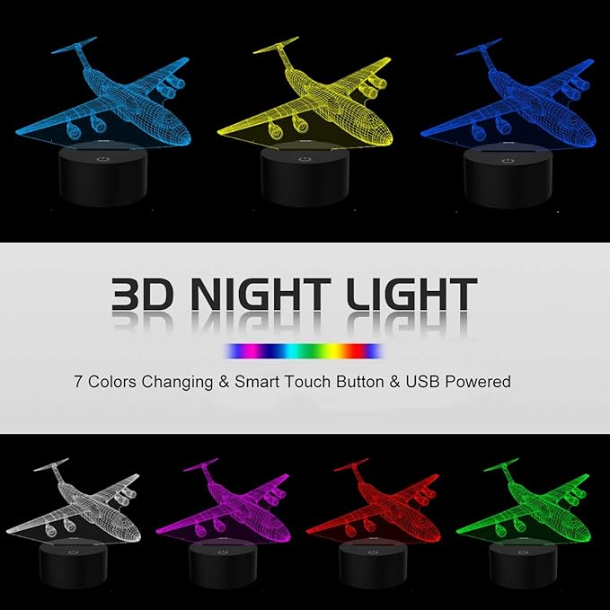 Airplane Night Light 3D Plane Illusion Lamp 7 Color Changing Touch Control with USB Cable LED Fighter Toy Table Desk Decor Lamps for Men Boys Kids Christmas Birthday Gifts