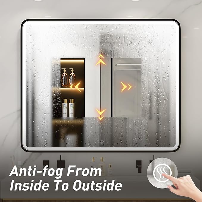 43X36 Inch Black LED Bathroom Mirror with Lights,Metal Frame Lighted Vanity Mirror,Anti Fog,Dimmable(Horizontal/Vertical)