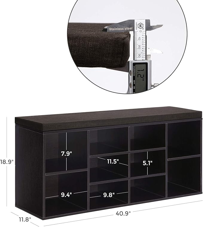 VASAGLE CUSTOS Collection - Shoe Bench, Storage Bench with Padded Seat, Entryway Bench with 10 Compartments, for Bedroom, 11.8 x 40.9 x 18.9 Inches, Espresso Brown and Chestnut Brown ULHS10BR