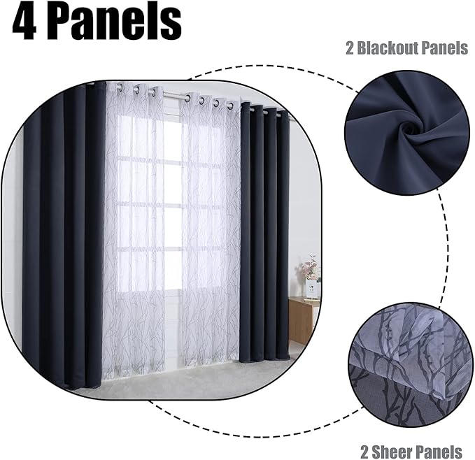 BONZER Mix and Match Curtains - 2 Pieces Branch Print Sheer Curtains and 2 Pieces Blackout Curtains for Bedroom Living Room Grommet Window Drapes, 54x84 Inch/Panel, Grey Dark, Set of 4 Panels