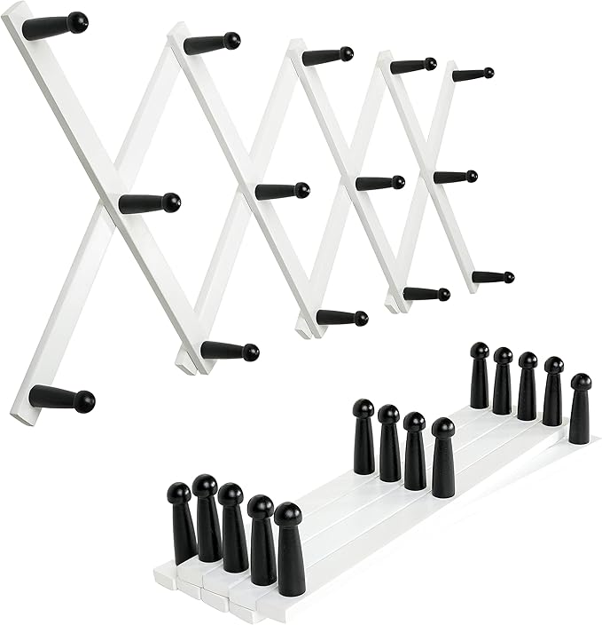 SKOLOO Hat Rack for Wall with 14 Hooks, Pack of 2, Solid Wooden, Modern, Expandable Coat Rack Wall Mount for Coats, Hats, Bags, Baseball Caps, Black on White