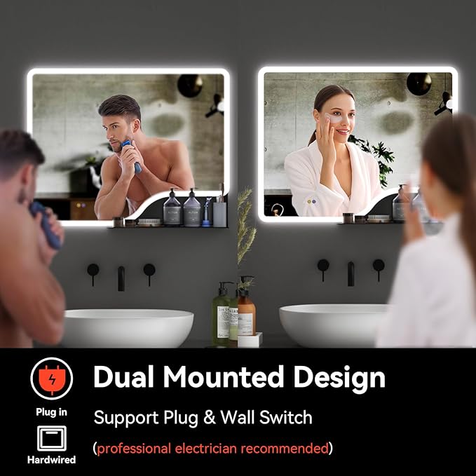 32"x 24" LED Bathroom Mirror with Shelf, 3 Colors Backlit Vanity Mirror with Lights, Wall-Mounted Bathroom Mirror with Lights, Smart Mirror with Anti-Fog, Stepless Dimmable, Memory (UL, ETL)