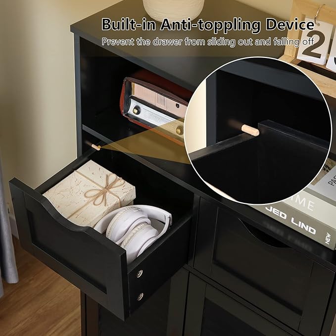 WEENFON Bathroom Storage Cabinet with 2 Drawers & 2 Shutter Doors, Floor Cabinet with Adjustable Shelf, for Living Room, Hallway, Home Office, Black