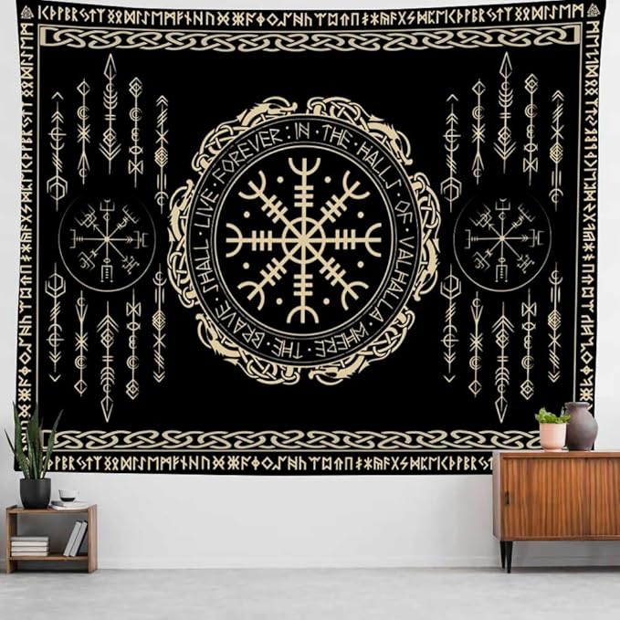 OSUNBD Nordic Vikings Tapestry Magical Runic Compass Wall Hanging Home Decor Vegvisir Runes Artwork Pagan Tapestry Art Hanging Decor Large Size 78.7”x59.1” for Bedroom Living Room Dorm