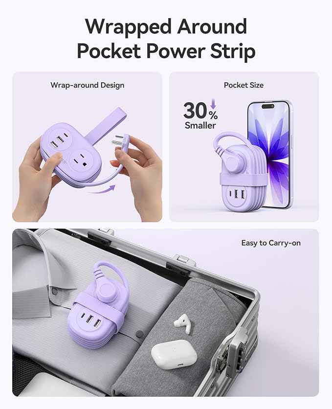 ORICO Pocket Power Strip for Travel, 5 in 1 Extension Cord with 2 AC Outlets 2 USB-A and 1 USB-C Ports, 3.7 ft Flat Plug Wrapped Around Power Strip for Cruise Office, Hotel, Home- AP3