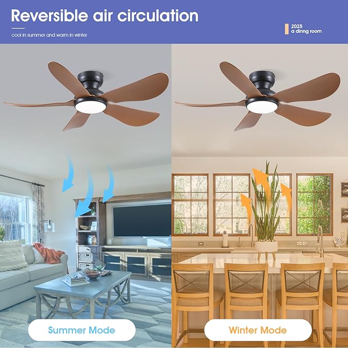 46 Inch Modern Ceiling Fans with Lights, Flush Mount Ceiling Fan with Light and Remote/APP Control, 5 Reversible 6 Speeds Curved Blades, 3 CCT Dimmable Lights for Kids Room, Brown