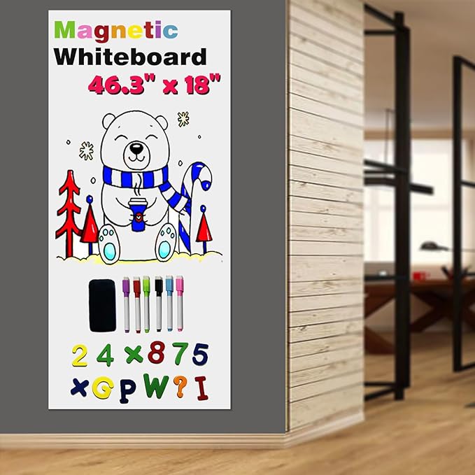Magnetic Whiteboard Paper for Wall 46.3" x 18" Adhesive Magnetic Dry Erase White Board Sticker with 36 Magnet Letters 6 Markers for Kid Removable Peel and Stick Whiteboard Wallpaper Roll