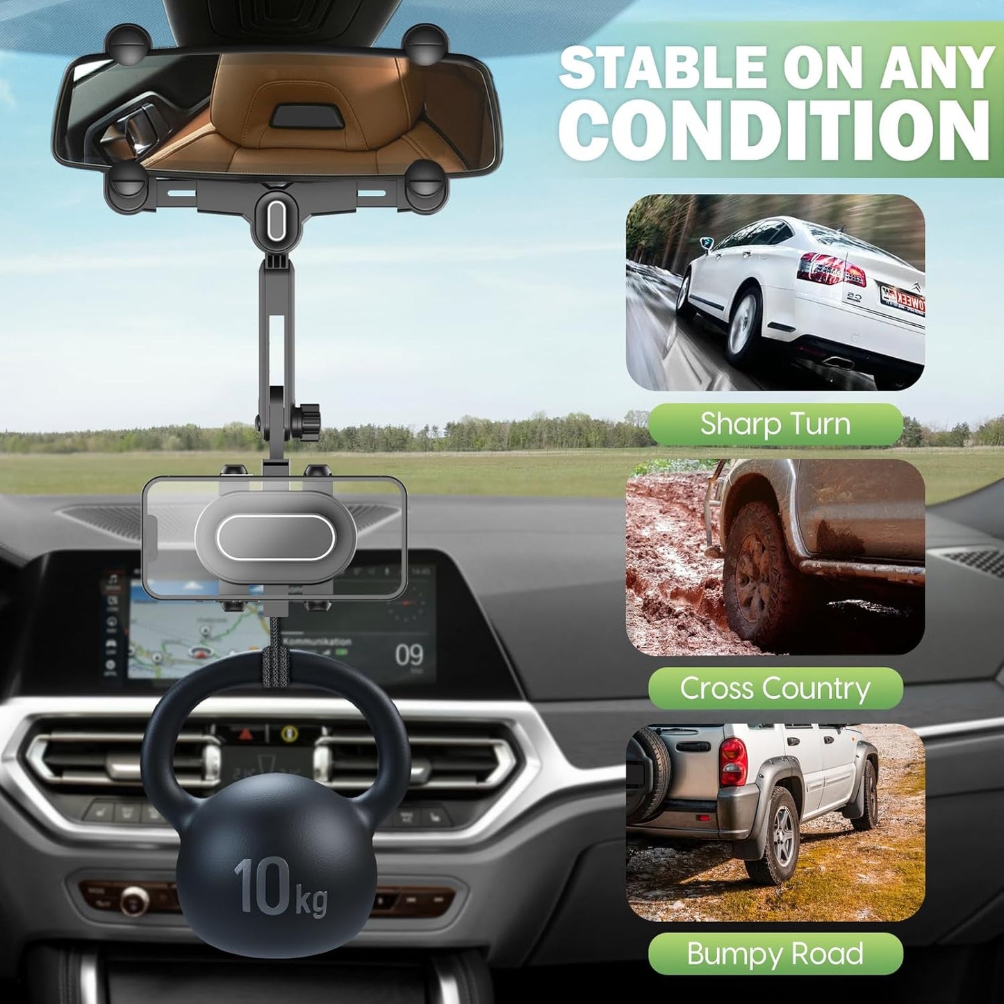 Rear View Mirror Phone Holder For Car - Multifunctional 360 Rotatable Holder with Retractable Curved Handle for All