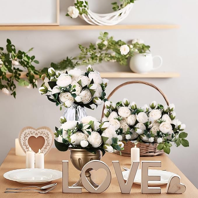 Hoteam 24 Bundles Artificial Peonies Flowers Wedding Faux Flowers Silk Peony Bouquet Bulk Bride Fake Florals Arrangements for Table Centerpieces Wedding Party Vase Decor (White)