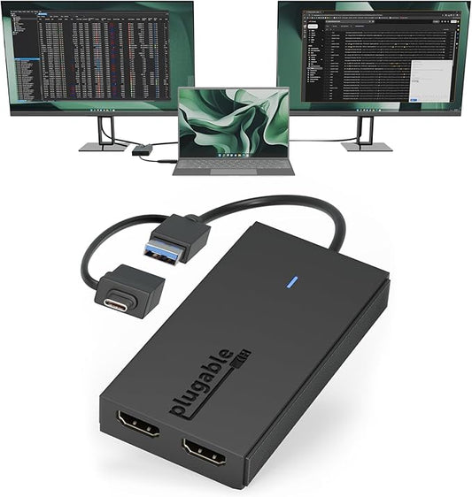 Plugable Dual Monitor Adapter for M1/M2/M3/M4 macOS Systems, Windows, ChromeOS. Broad Compatibility - Thunderbolt, USB-C, USB 3.0 to HDMI Adapter for Dual Monitors 1920x1080 @60Hz, SMI Driver Required