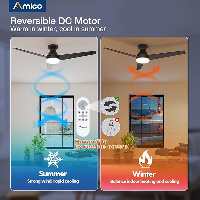 Amico Ceiling Fans with Lights, 52 inch Low Profile Ceiling fan with Light and Remote Control, Flush Mount, Reversible, 3CCT, Dimmable, Noiseless, Black Ceiling Fan for Bedroom, Indoor/Outdoor Use