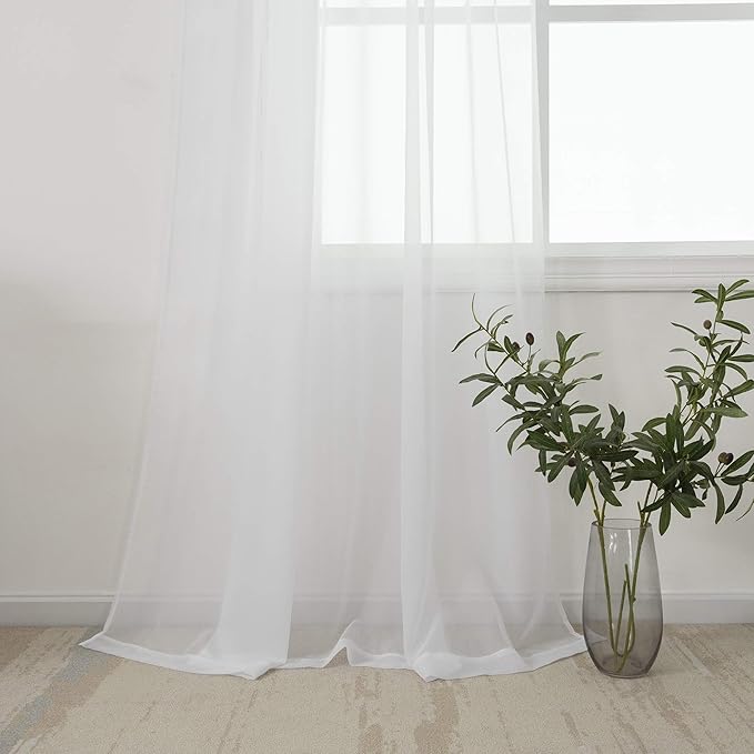 HUTO 2 Panels Small White Sheer Curtains 45 inches Long Rod Pocket Sheer Window Drapes Panels for Kitchen Bathroom