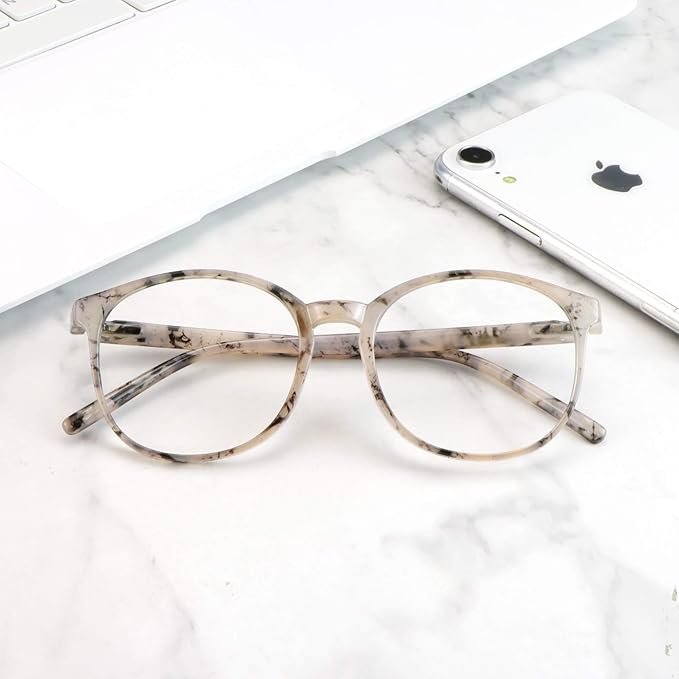 LifeArt Round Blue Light Blocking Glasses, Computer Glasses, Gaming Glasses, TV Glasses for Women Men (Marble, 5.00 Magnification)