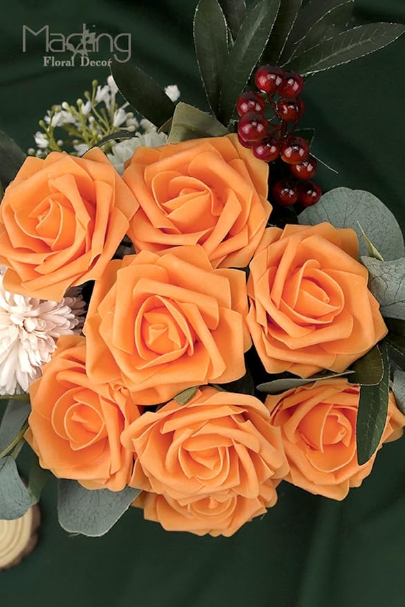 MACTING 60PCS Artificial Flower Roses Real Touch Fake Flowers with Stem Orange Foam Rose for DIY Wedding Bouquet Table Centerpieces Crafts Party Holiday Home Decorations