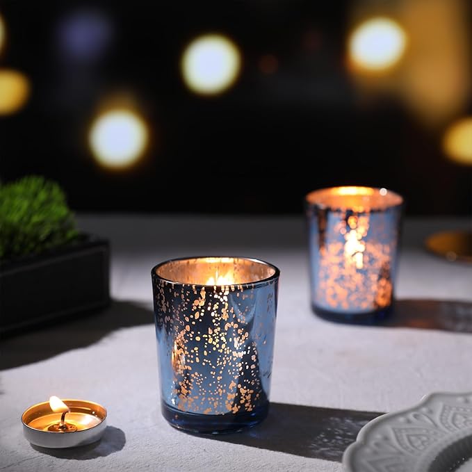 LETINE Blue Votive Candle Holders Set of 36 -Mercury Glass Candle Holders for Wedding & Baby Shower Decor - Ideal for Bridal Shower & Centerpieces for Tables