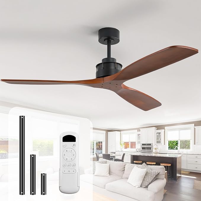Sofucor 60 Inch Ceiling Fan No Light, Indoor/Outdoor Ceiling Fans Without Lights Remote Control, Reversible DC Motor, 6 Speed, Timer, 3 Blade Solid Wood Ceiling Fans for Bedroom Patio Farmhouse