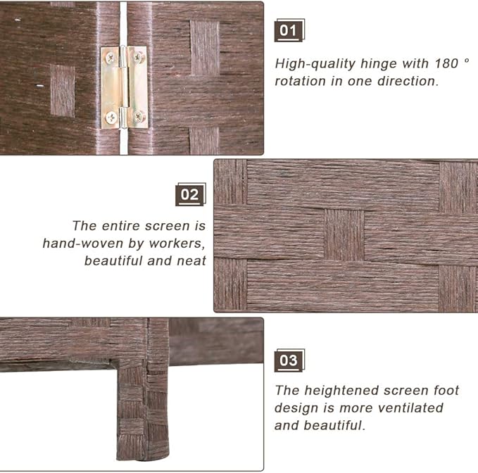 Room Divider Wood Screen 6 Panel Folding Portable Partition Screens Wooden Mesh Woven Design Room Screen Divider for Home Office (Brown)