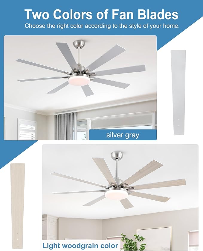 62 Inch Ceiling Fans with Lights,Large Modern Ceiling fan with Remote and 8 Wooden Blades,Dimmable,6 Speeds,Noiseless Reversible Indoor&Outdoor Fan for Bedroom,Patio,Living Room