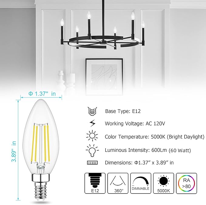 Cotanic Dimmable LED Candelabra Bulb with E12 Small Base, C35 Ceiling Fan Light Bulbs, 5000K, 4W, 60W Equivalent, 600LM, 8 Pack, Vintage Candle Lightbulb for Chandelier, Sconce, Porch Lights