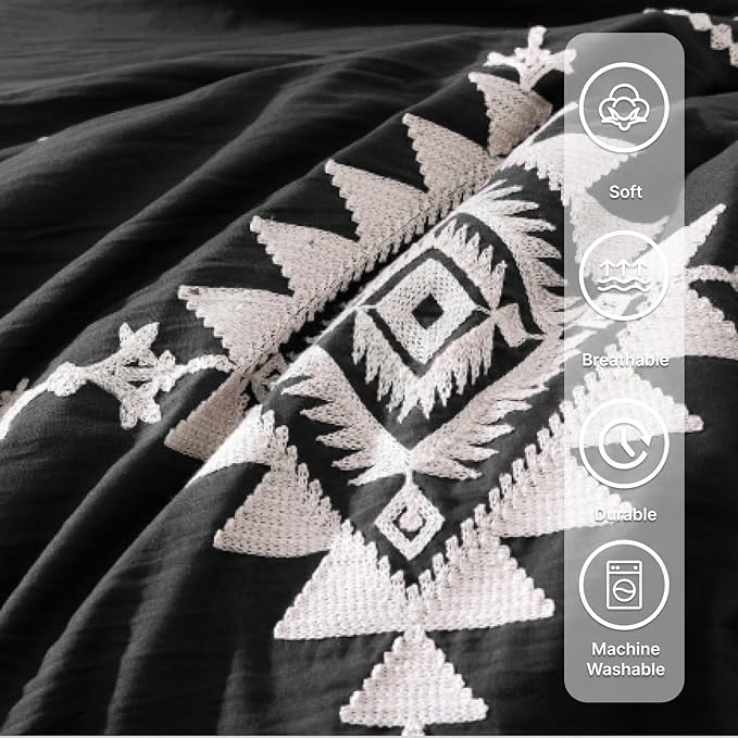 MaiRêve Embroidery California King Size Comforter Set Charcoal Black, Boho Farmhouse Western Bedding Set 7 Pieces, All Season Bed in A Bag Comforter Set with Sheets, Pillowcases & Shams